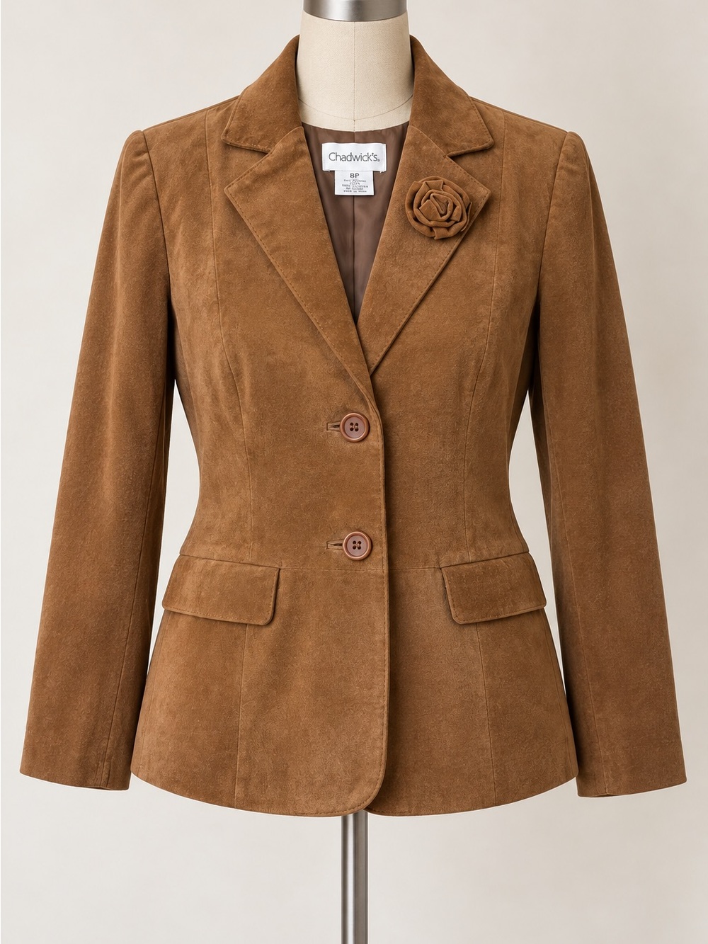 Vintage Chadwick’s Brown Suede Leather Blazer Rose Brooch Women’s 8P Petite Y2K